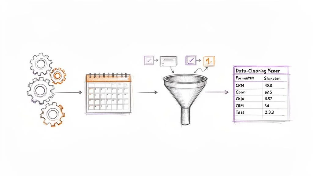 Workflow diagram showing automated data collection, filtering, and cleaning into a results table