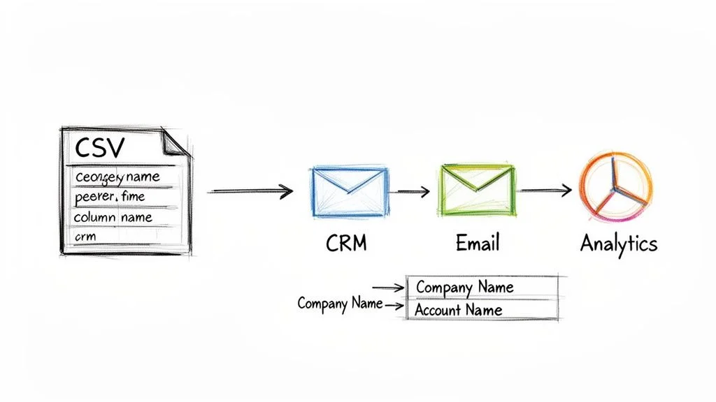 Data entry automation flow diagram showing extraction, mapping, and CRM import steps