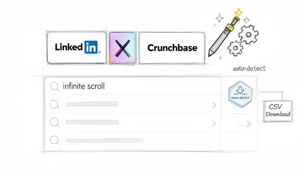 Illustration showing Chrome data scraper features including LinkedIn templates, auto-pagination, and CSV export