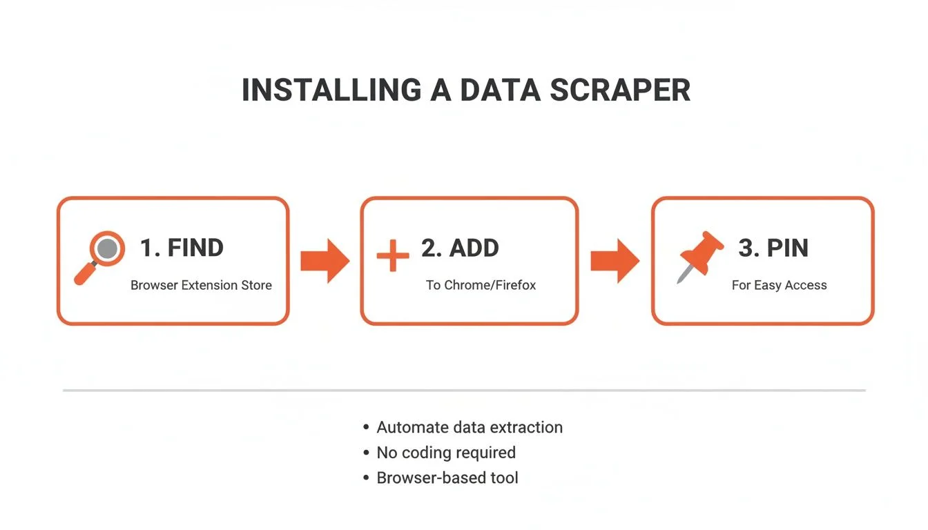 Three-step guide showing how to install and set up a Chrome extension data scraper