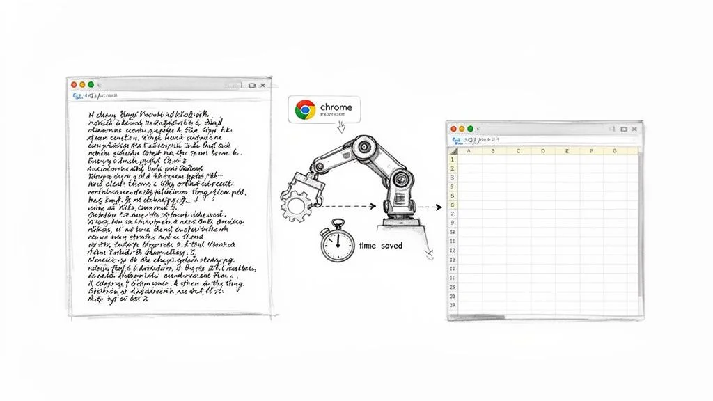 Chrome extension robot automating data transfer from a document to a spreadsheet, saving time