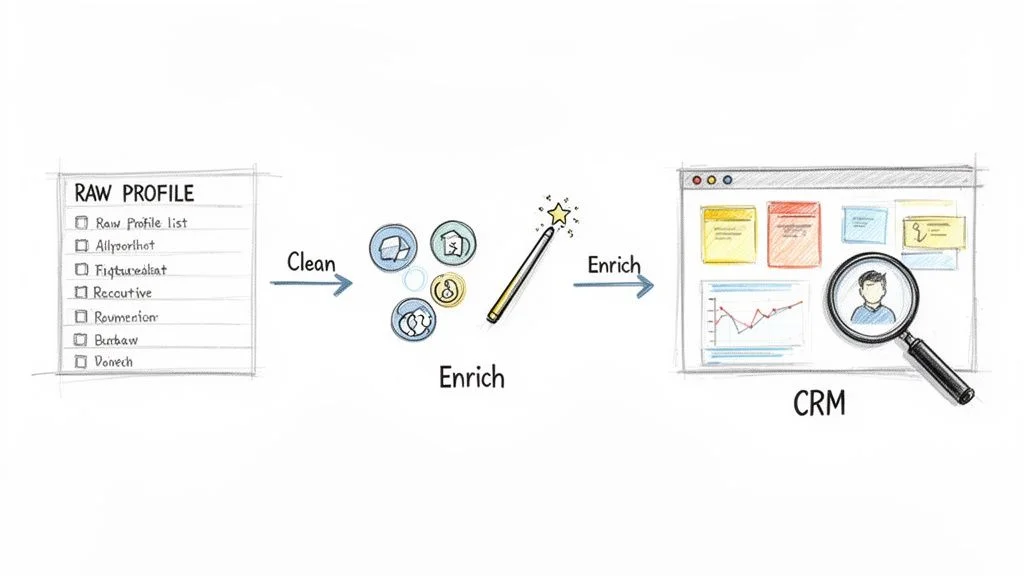 Diagram showing raw LinkedIn profile data being cleaned and enriched before flowing into a CRM