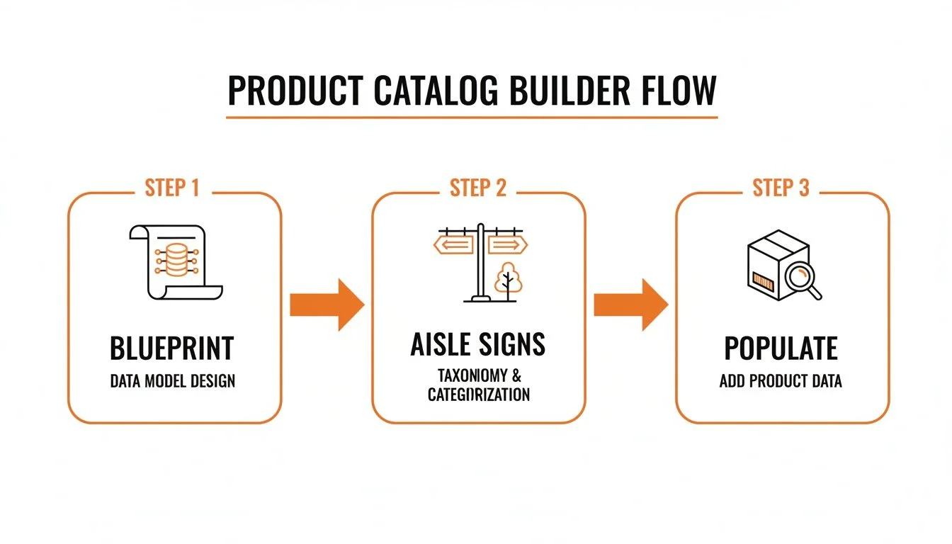 Flowchart showing the three-step product catalog builder process: Blueprint, Aisle Signs, and Populate