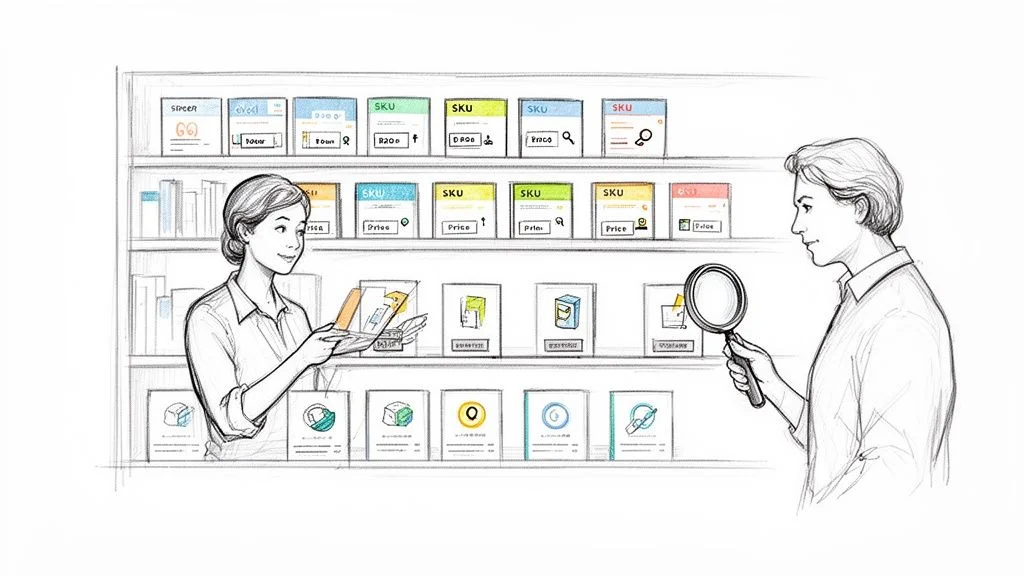 Two people managing an ecommerce product catalog, one inspecting items and one holding a magnifying glass