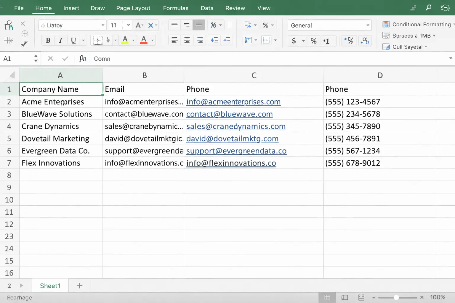 CSV file exported from web scraper showing lead generation data with company name, email, and phone columns