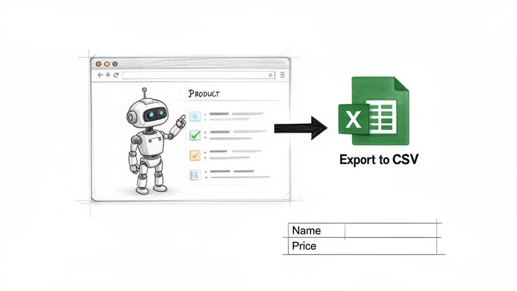 A robot extracts product data from a web browser and exports it to a CSV spreadsheet ready for Excel