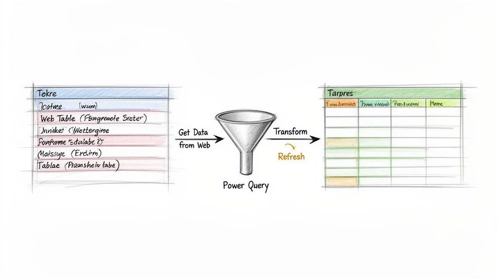 Diagram illustrating Power Query workflow: getting data from web, transforming, and refreshing to output a structured Excel table