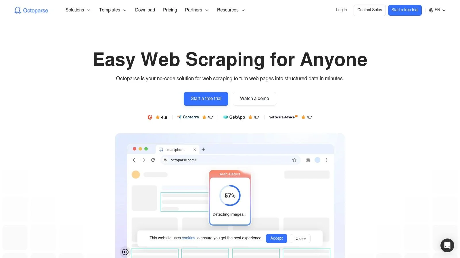 Octoparse free web scraping tool showing visual workflow builder interface