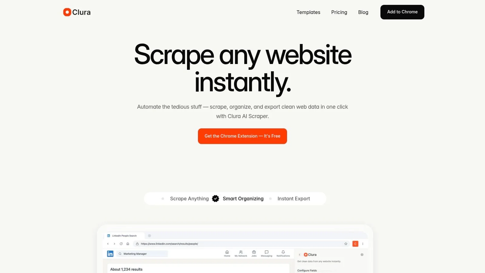 Clura Chrome extension showing one-click data extraction — one of the best free web scraping tools