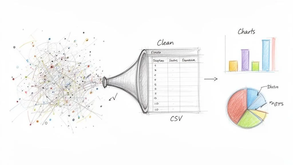 Illustration of data processing: raw messy data cleaned into a CSV spreadsheet, then visualized in charts