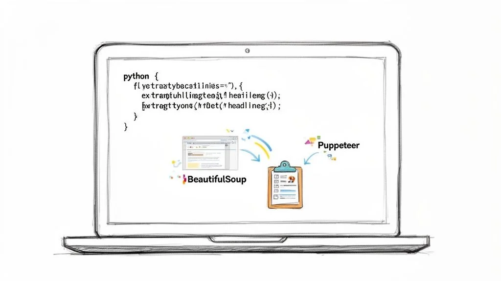 Laptop displaying Python code with a diagram illustrating web scraping with BeautifulSoup and Puppeteer