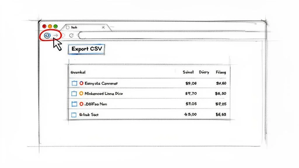 Hand-drawn sketch of a web browser showing a data table and export CSV button for web scraping