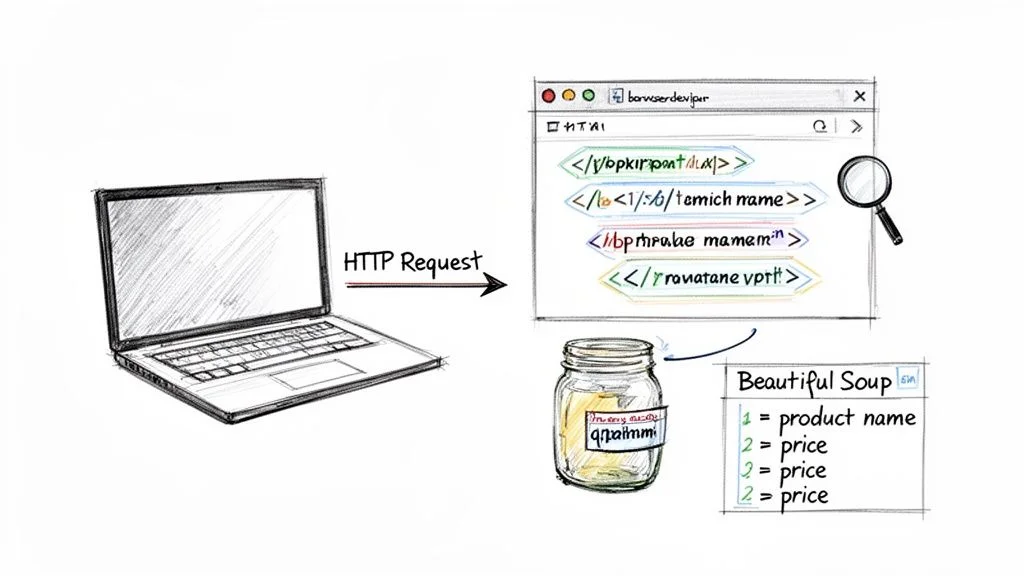 Diagram illustrating a laptop sending an HTTP request, receiving HTML, and using Beautiful Soup for data extraction