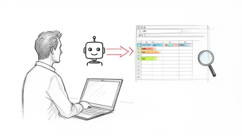 Person uses a laptop while a robot extracts data from a spreadsheet and a magnifying glass inspects it