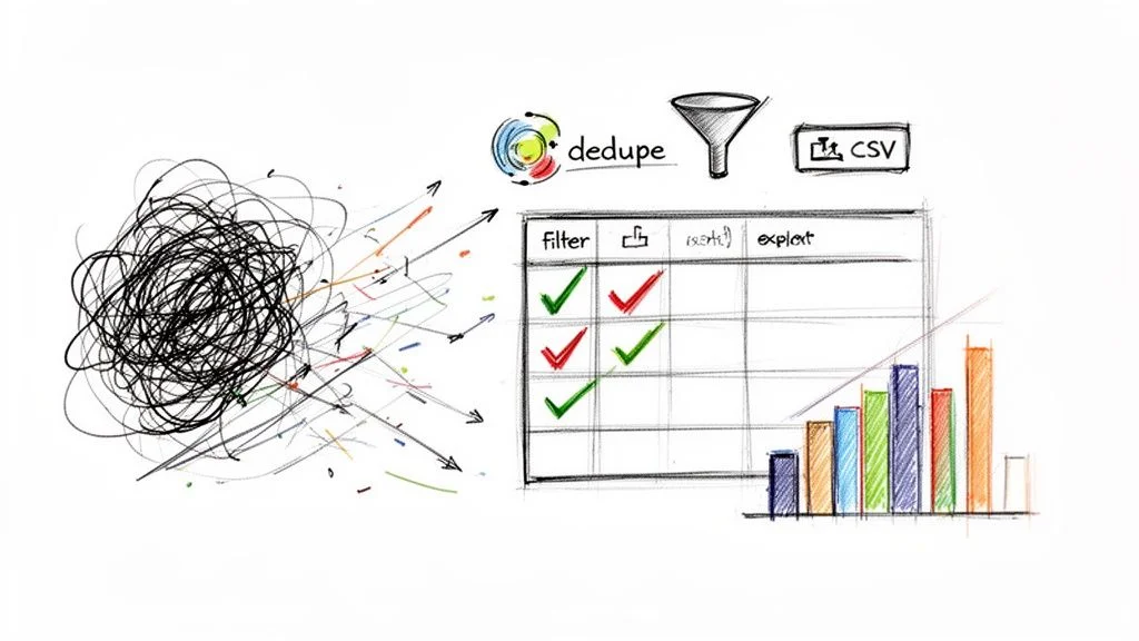 Hand-drawn illustration showing data processing from messy input to organized analysis and results