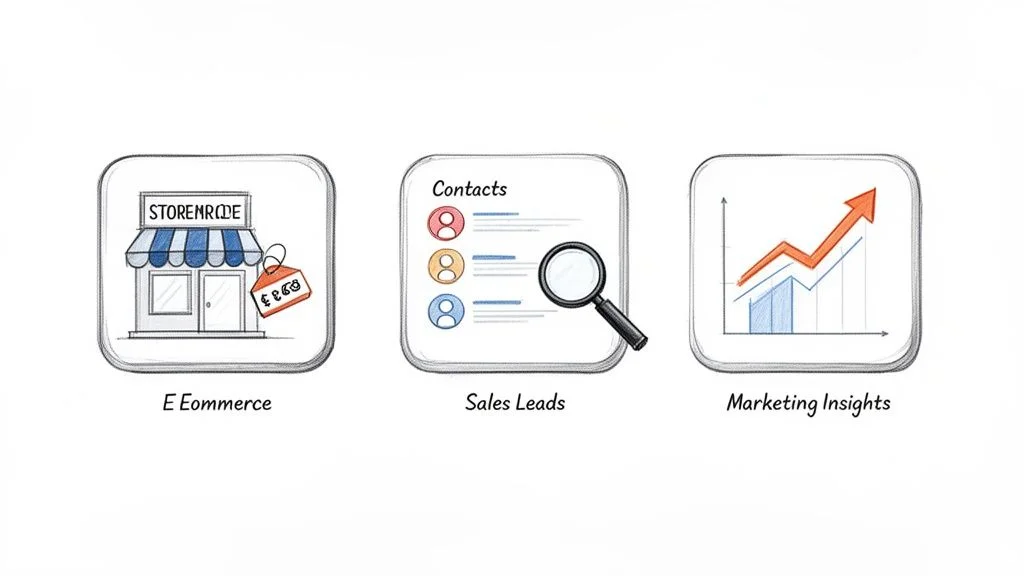 Three icons illustrating e-commerce, sales leads with contacts and a magnifying glass, and marketing insights with a growth graph