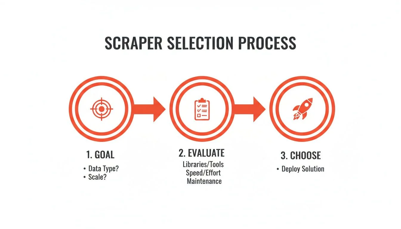 Three-step process flowchart for scraper selection showing Goal, Evaluate, and Choose phases