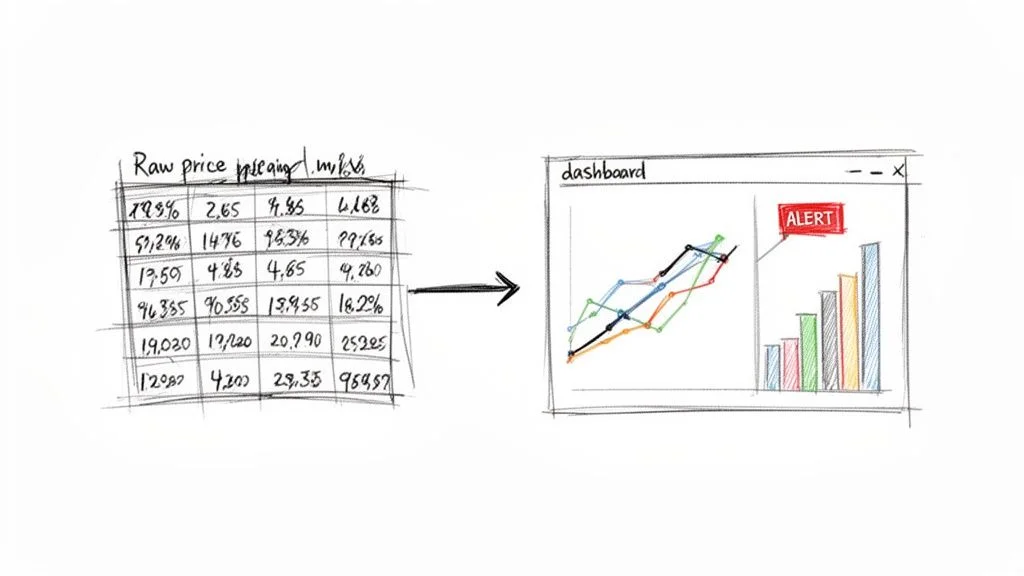 Sketch showing raw price data in a table transforming into a dashboard with charts and an alert notification