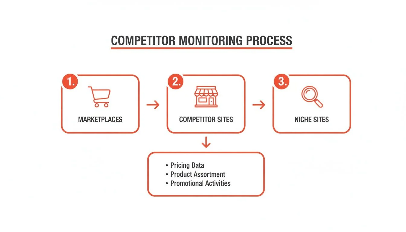 Flowchart detailing competitor monitoring process covering marketplaces, competitor sites, and niche platforms