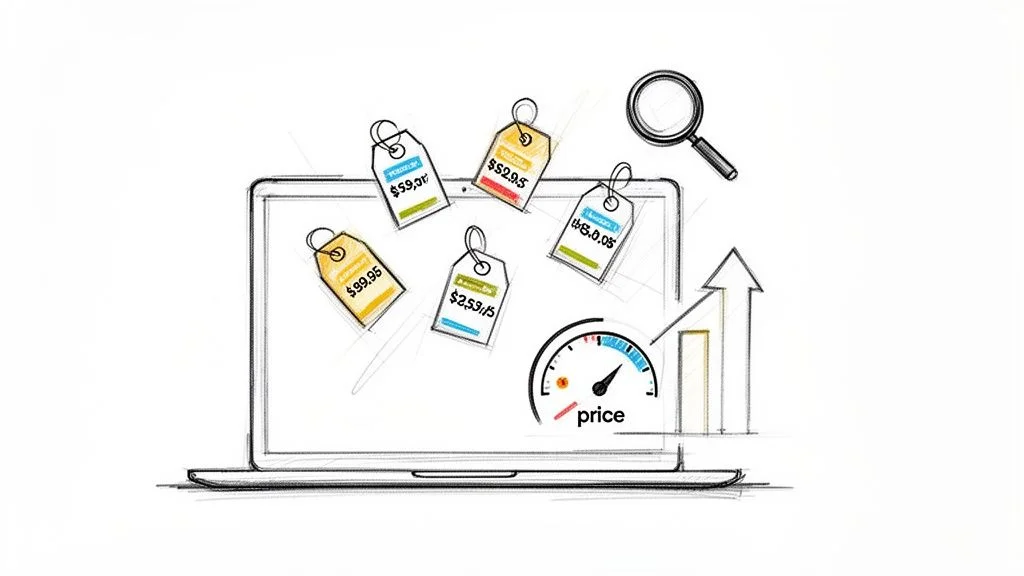 Digital price monitoring illustration showing a laptop with price tags and a magnifying glass