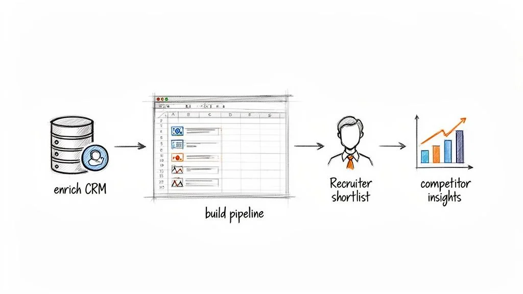 Workflow diagram showing data enrichment, pipeline building, recruiter shortlisting, and competitor insights