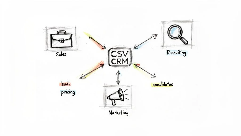 Diagram showing a central CSV CRM connecting Sales, Marketing, and Recruiting departments via Chrome extension scraping