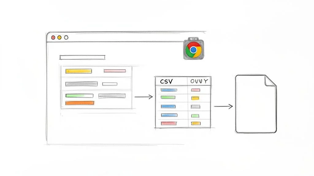 Diagram illustrating a Chrome extension extracting website data and converting it to a CSV file