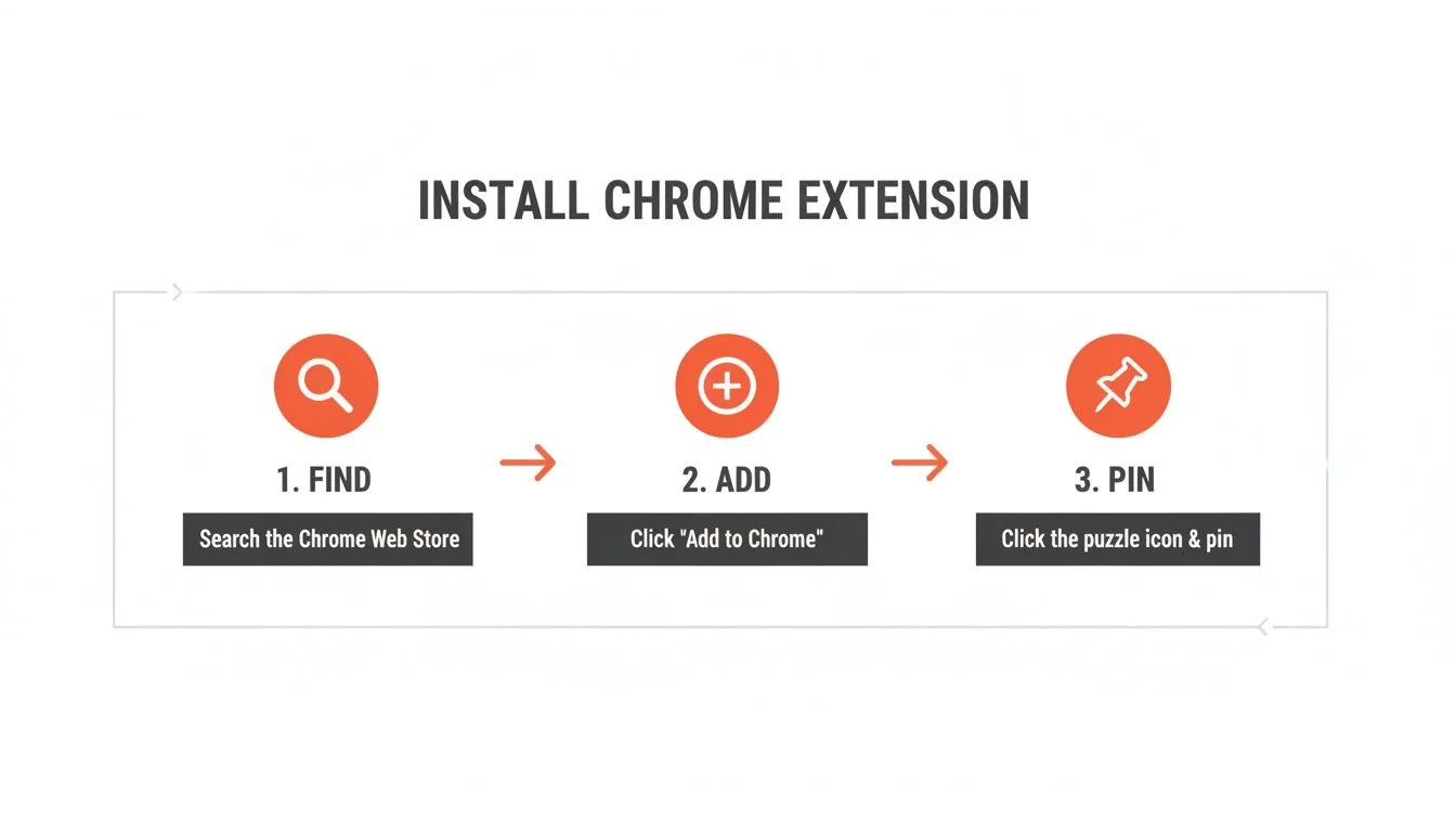 A three-step visual guide explaining how to install a Chrome extension: Find, Add, Pin