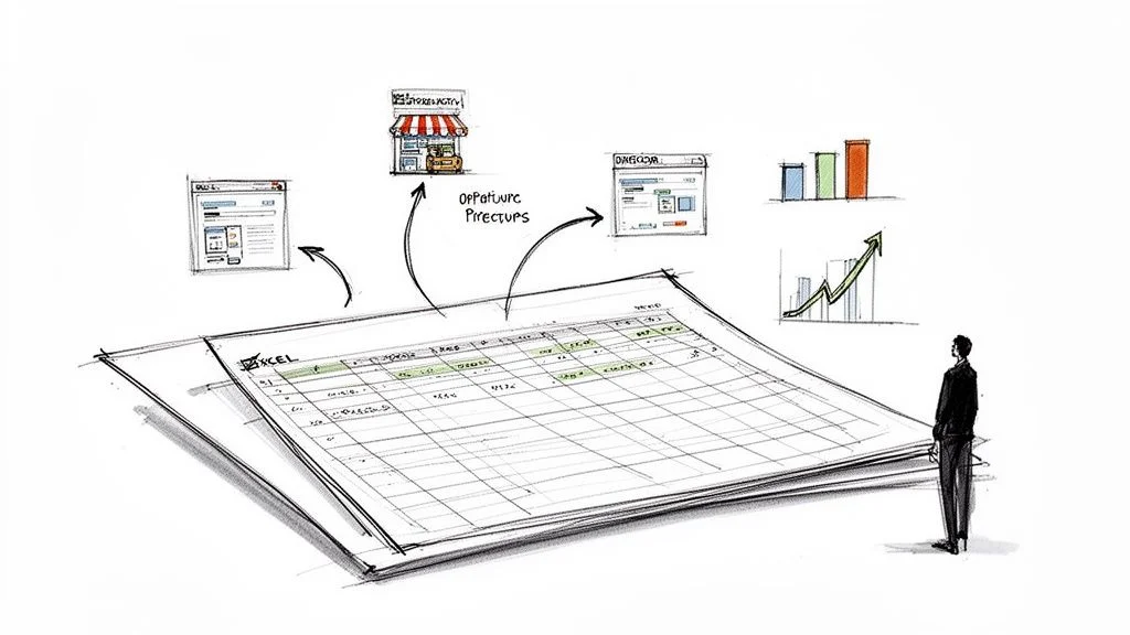 Sketch of business intelligence showing web and store data processed in Excel, leading to growth charts