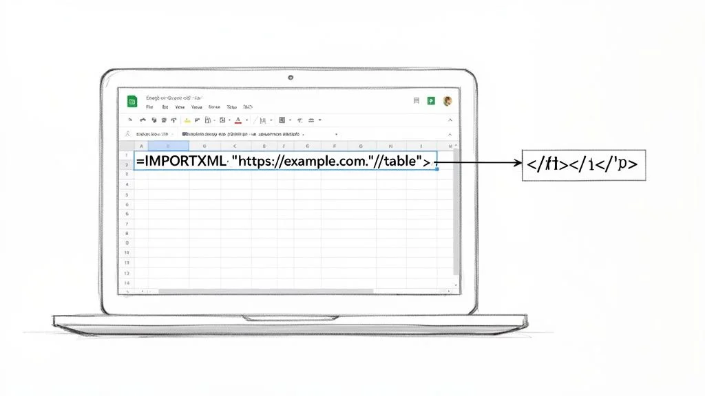 Laptop displaying a Google Sheet with an IMPORTXML formula used for web scraping data from a website