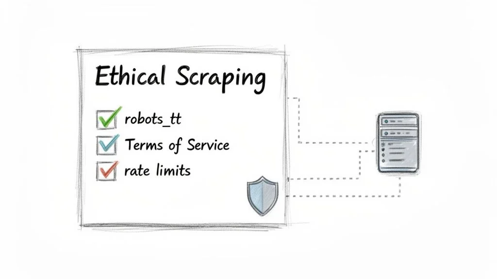 Whiteboard sketch illustrating ethical web scraping guidelines including robots.txt, Terms of Service, and rate limits