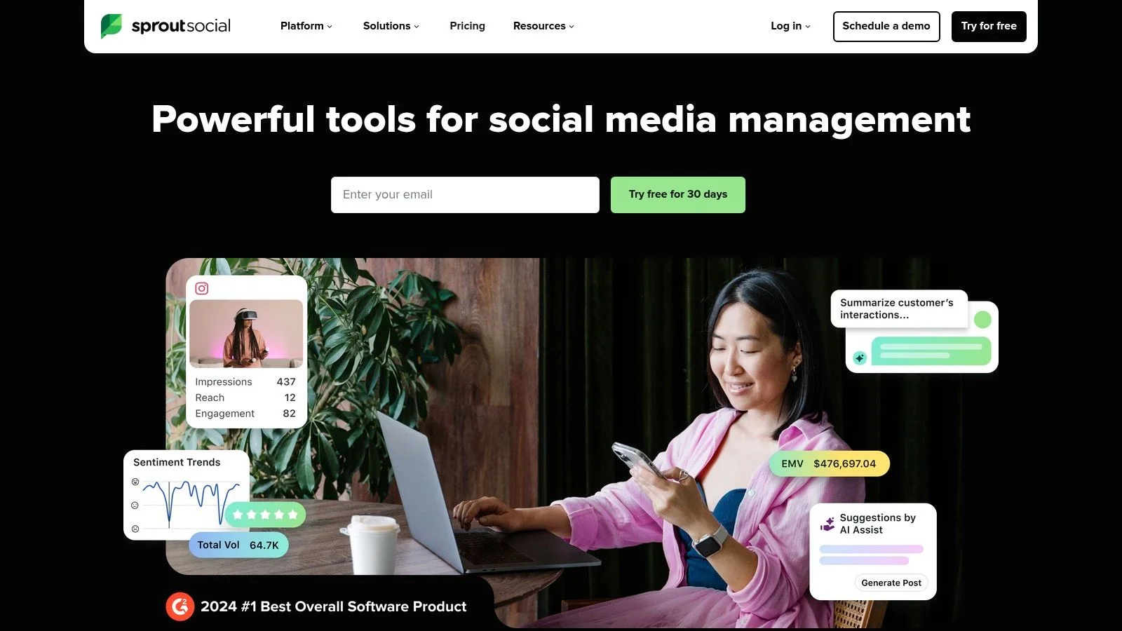 Sprout Social dashboard showing social media sentiment and engagement metrics