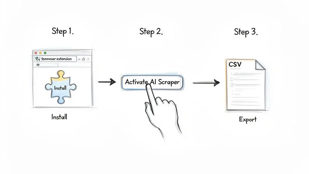 Illustrative steps for installing an AI web scraping browser extension and exporting data to CSV