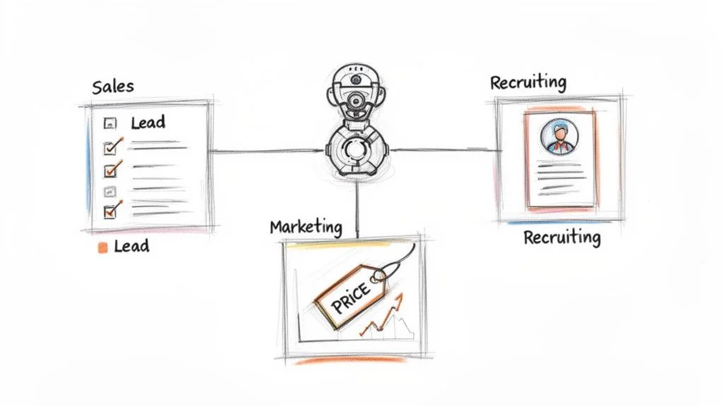 An AI robot connecting sales, marketing, and recruiting processes, demonstrating business integration of web scraping AI