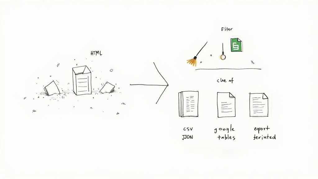 Diagram showing web scraping workflow from raw HTML to filtered structured data in CSV and JSON formats