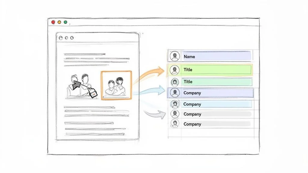 Illustration showing data extraction from a webpage into structured fields like Name, Title, and Company
