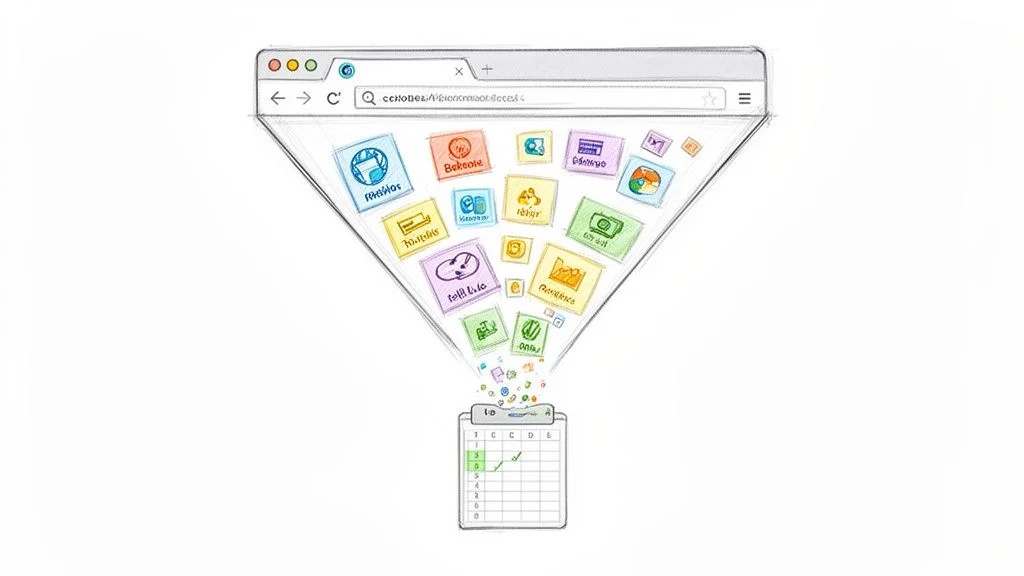Web browser acting as a data funnel collecting app icons into a spreadsheet