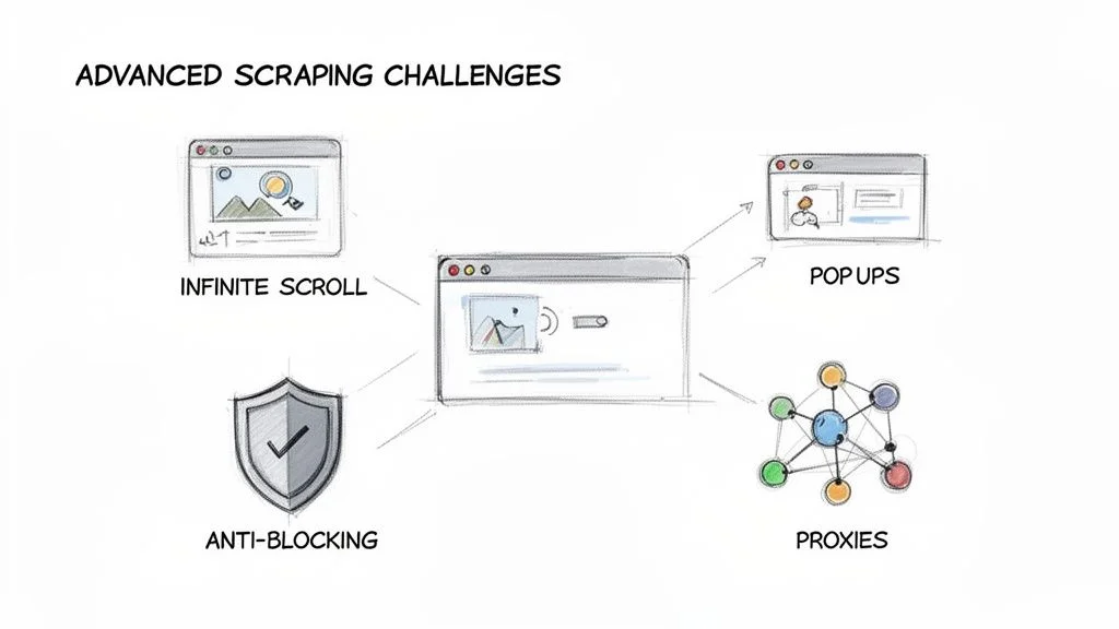 Advanced web scraping challenges diagram covering infinite scroll, pop-ups, anti-blocking, and proxies