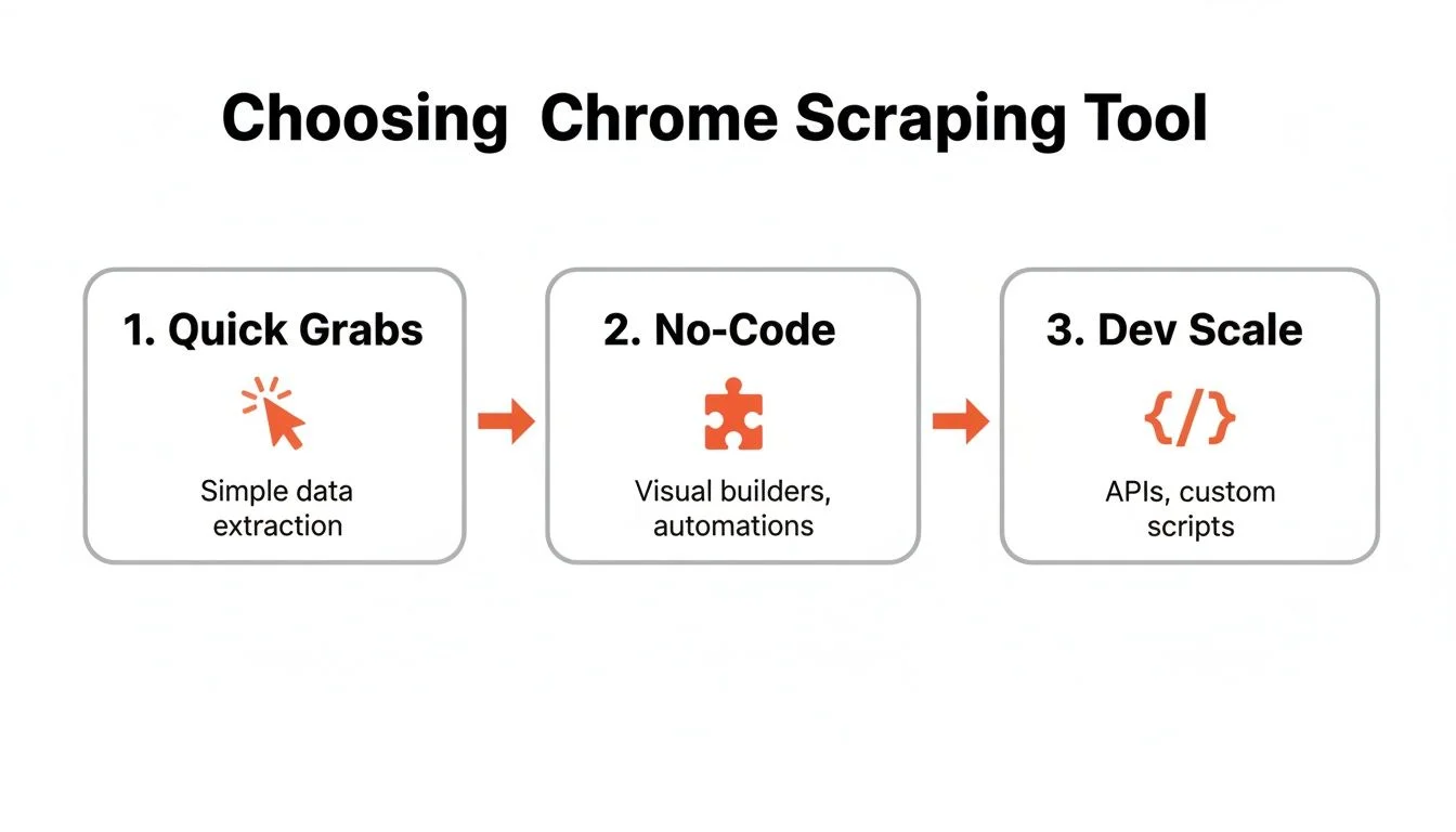 Flowchart showing Chrome scraping tool progression from DevTools to no-code extensions to developer scale