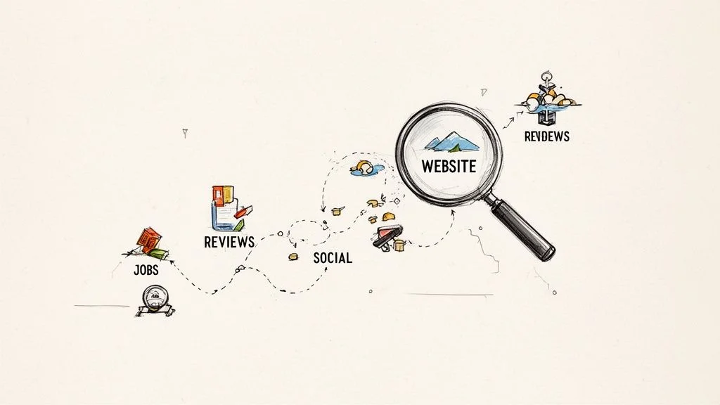 Diagram showing various data sources like jobs, reviews, and social media funneling into website analysis for competitive intelligence