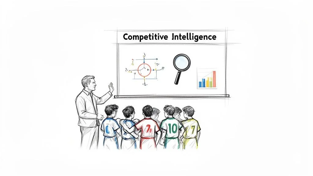 Coach teaching competitive intelligence concepts on a whiteboard with diagrams and charts
